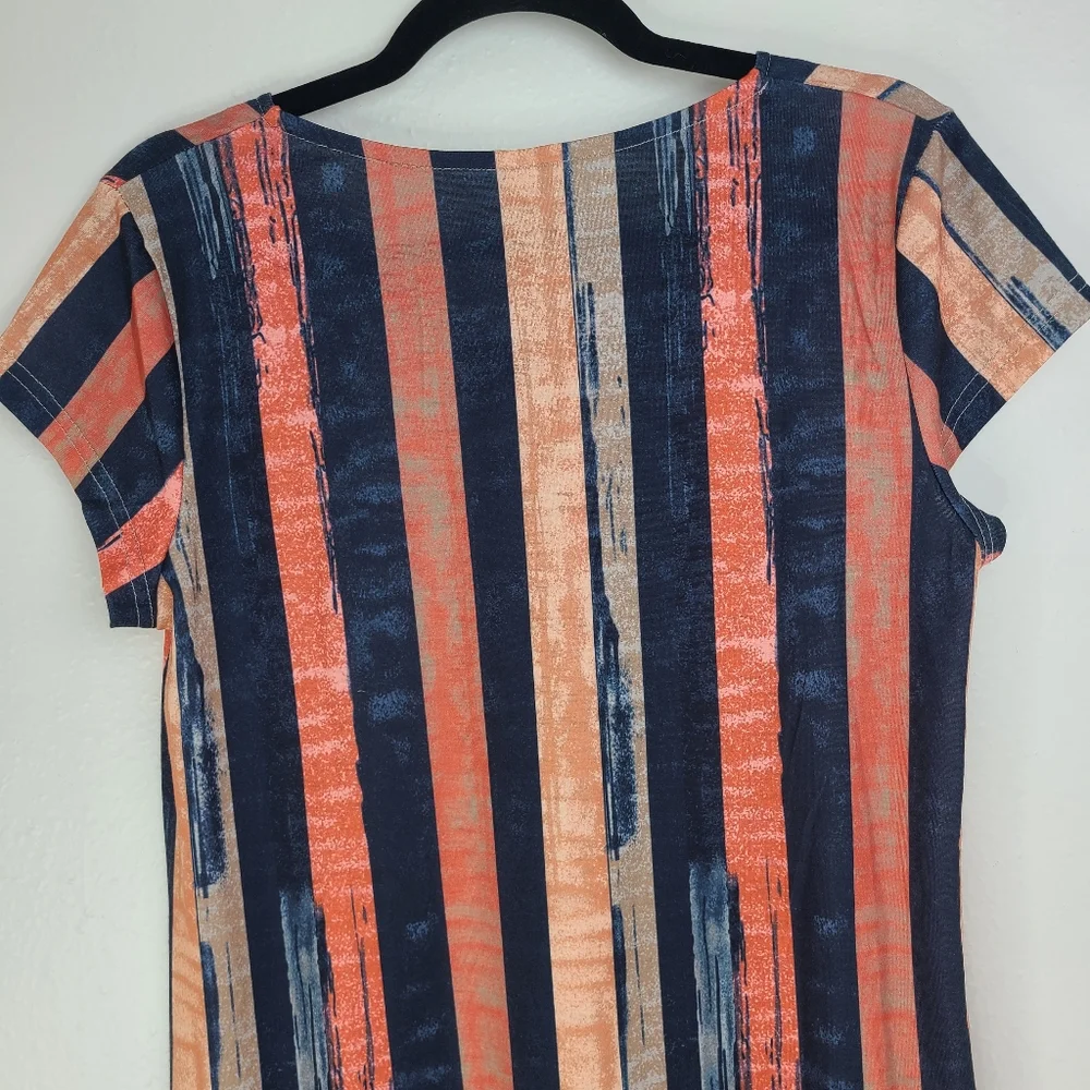 Exclusive Short Sleeve V-Neck Knit Mini Dress Stripes Blue Peach Size Small_6